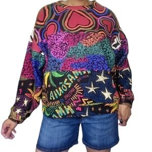 FARM RIO Mixed Prints sweatshirt hearts stars tropical jungle pullover Size M